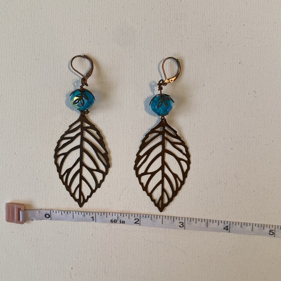 Tree hugger Handcrafted bronze leaf earrings blue beads - Picture 3 of 5